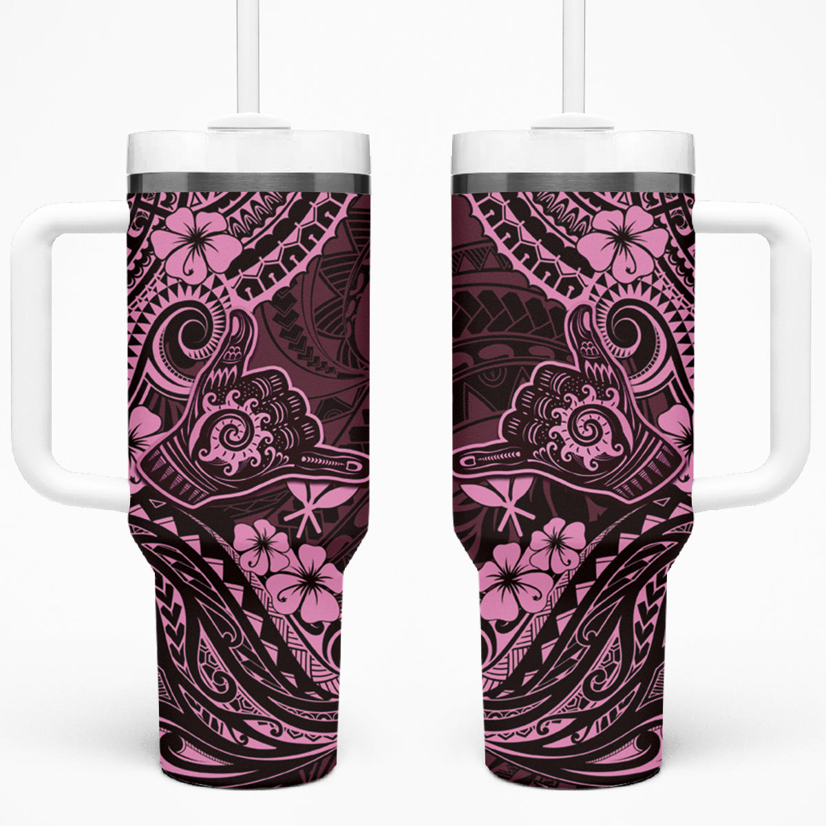 Hawaii Shaka Sign Tumbler With Handle With Polynesian Hibiscus Pink Unique