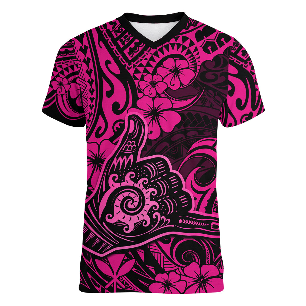 Hawaii Shaka Sign Women V Neck T Shirt With Polynesian Hibiscus Pink Unique LT01 Female Pink - Polynesian Pride
