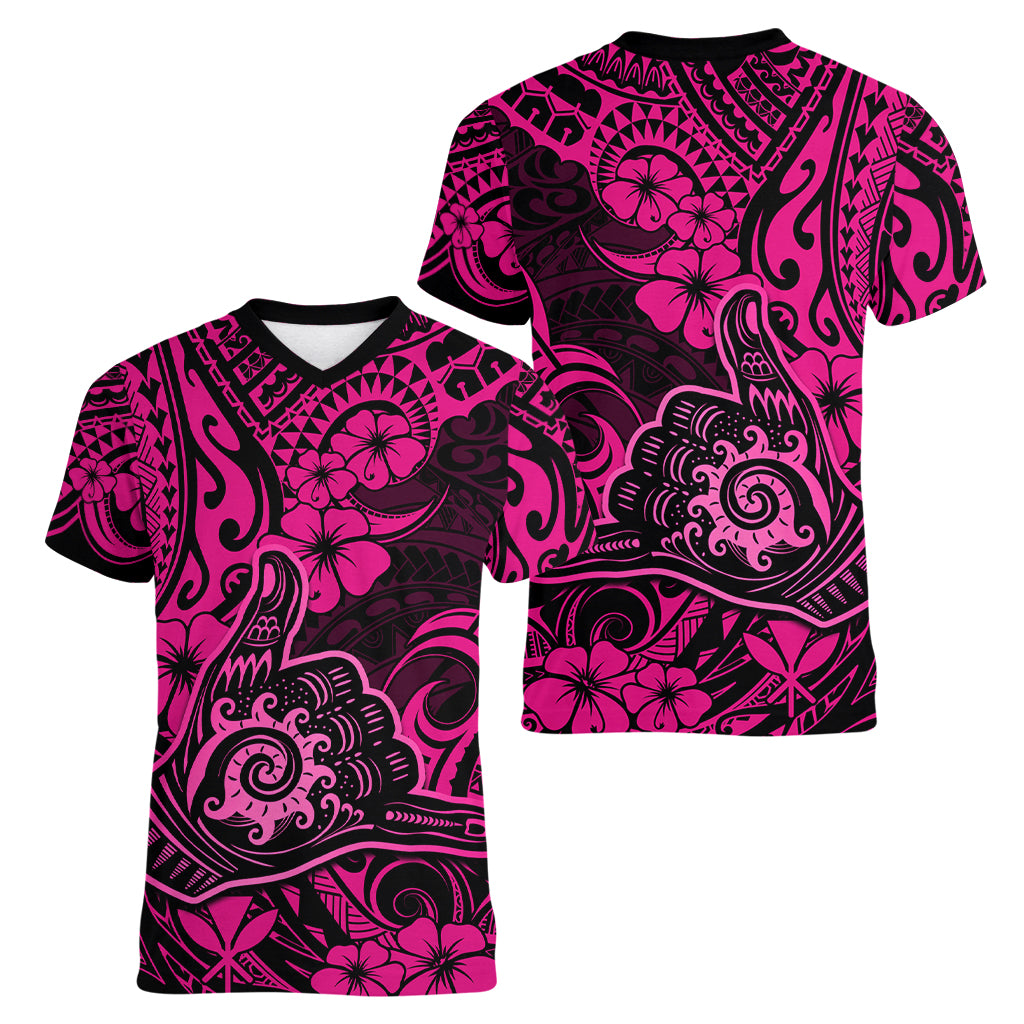 Hawaii Shaka Sign Women V Neck T Shirt With Polynesian Hibiscus Pink Unique LT01 - Polynesian Pride