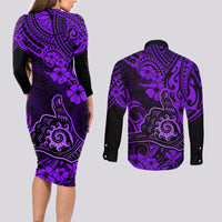 Hawaii Shaka Sign Couples Matching Long Sleeve Bodycon Dress and Long Sleeve Button Shirts Polynesian Pattern Purple Version LT01 - Polynesian Pride