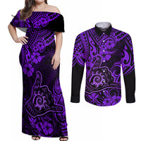 Hawaii Shaka Sign Couples Matching Off Shoulder Maxi Dress and Long Sleeve Button Shirts Polynesian Pattern Purple Version LT01 Purple - Polynesian Pride
