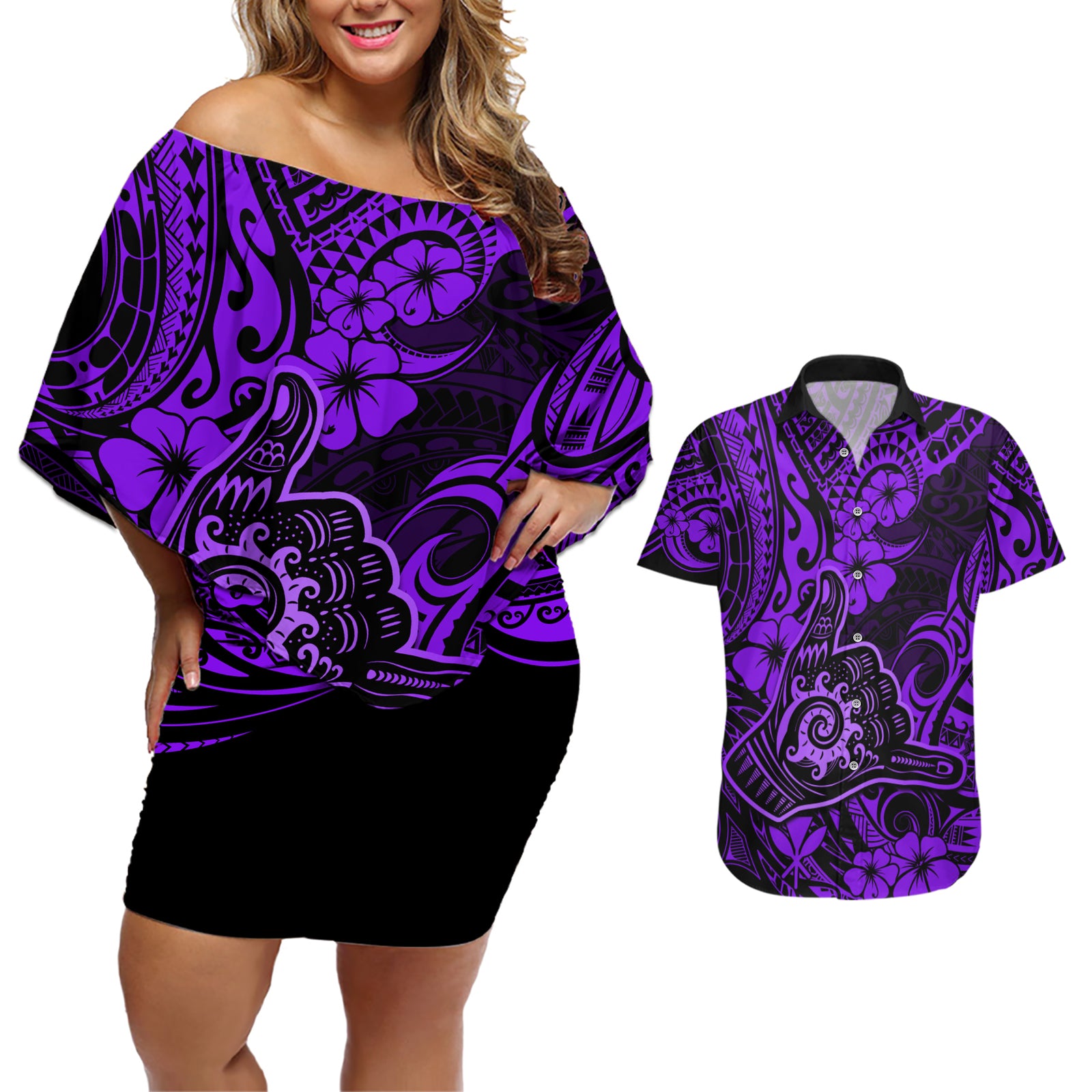 Hawaii Shaka Sign Couples Matching Off Shoulder Short Dress and Hawaiian Shirt Polynesian Pattern Purple Version LT01 Purple - Polynesian Pride
