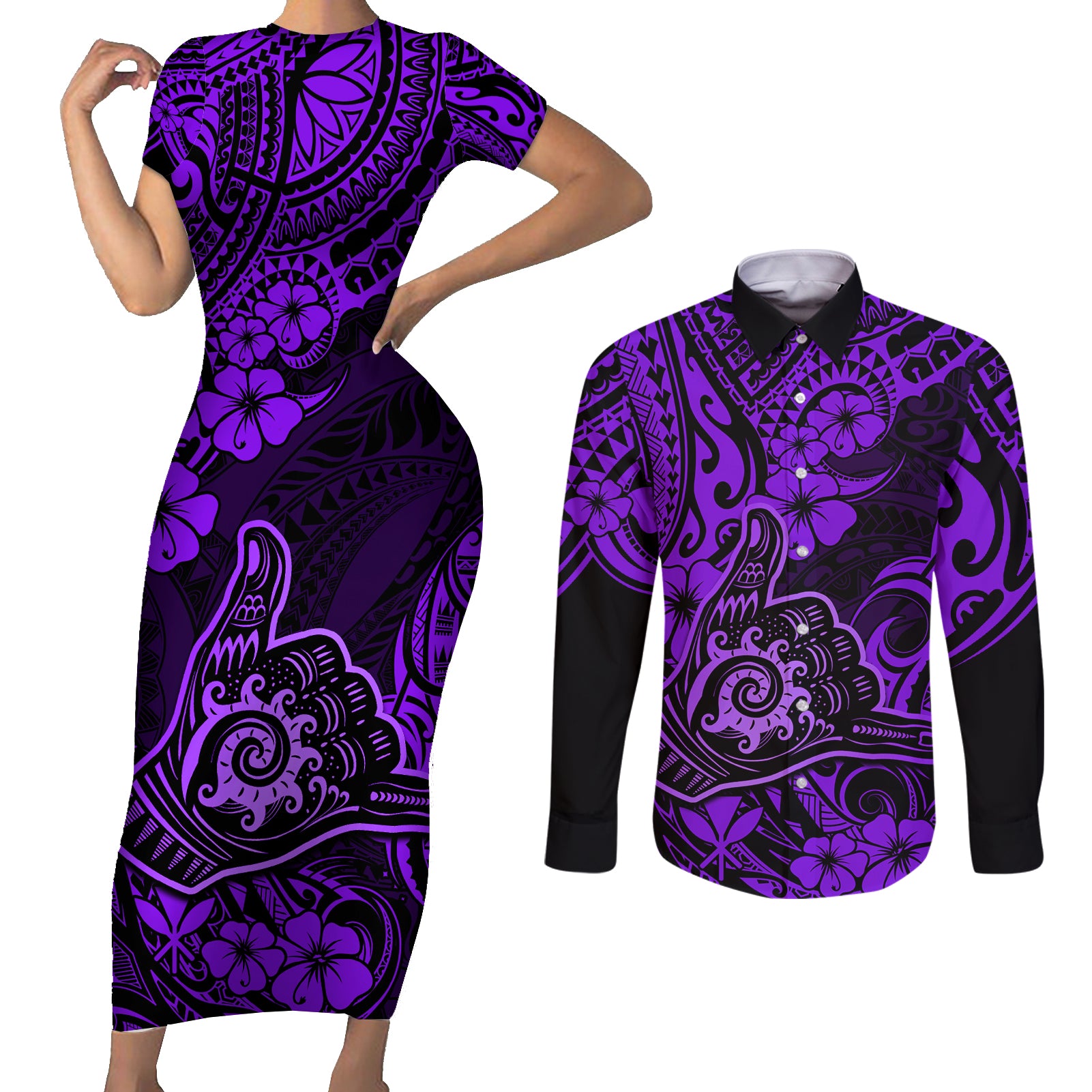 Hawaii Shaka Sign Couples Matching Short Sleeve Bodycon Dress and Long Sleeve Button Shirts Polynesian Pattern Purple Version LT01 Purple - Polynesian Pride