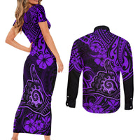 Hawaii Shaka Sign Couples Matching Short Sleeve Bodycon Dress and Long Sleeve Button Shirts Polynesian Pattern Purple Version LT01 - Polynesian Pride