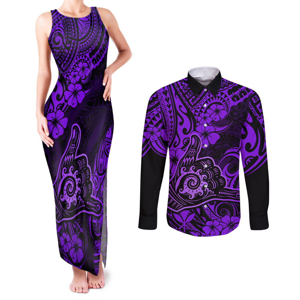 Hawaii Shaka Sign Couples Matching Tank Maxi Dress and Long Sleeve Button Shirts Polynesian Pattern Purple Version LT01 Purple - Polynesian Pride