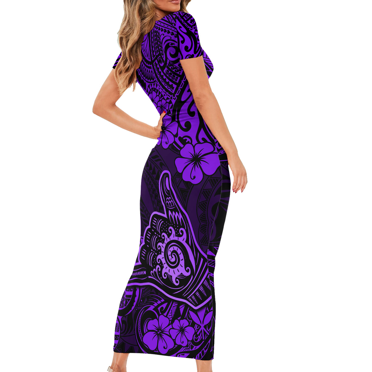 Hawaii Shaka Sign Short Sleeve Bodycon Dress Polynesian Pattern Purple Version LT01 - Polynesian Pride