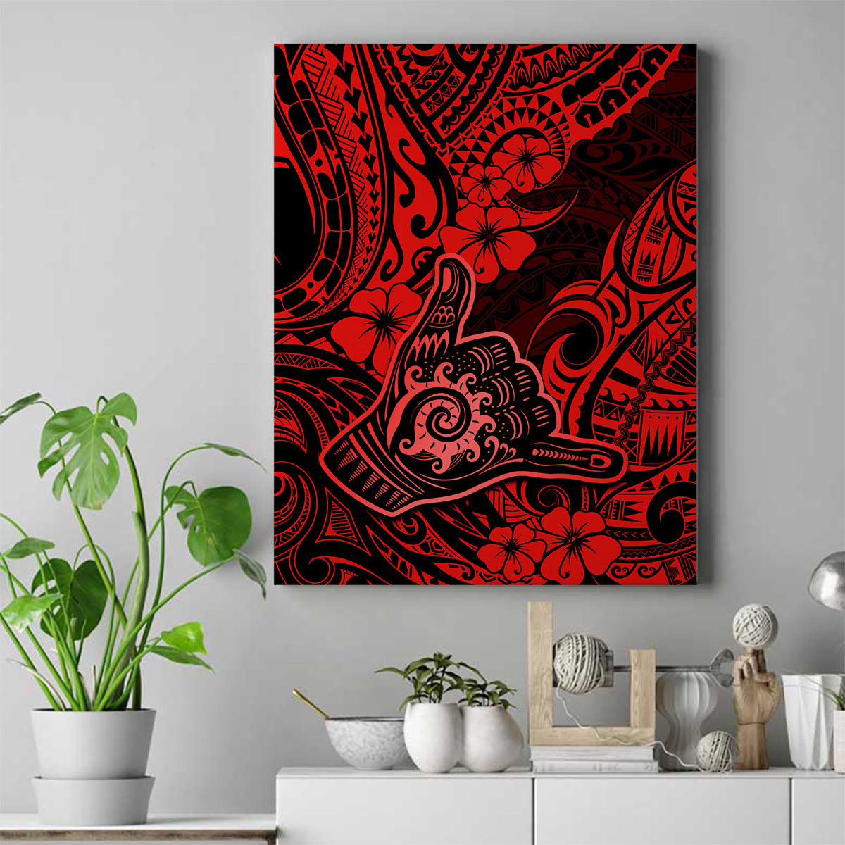 Hawaii Shaka Sign Canvas Wall Art Polynesian Pattern Red Version LT01 Red - Polynesian Pride