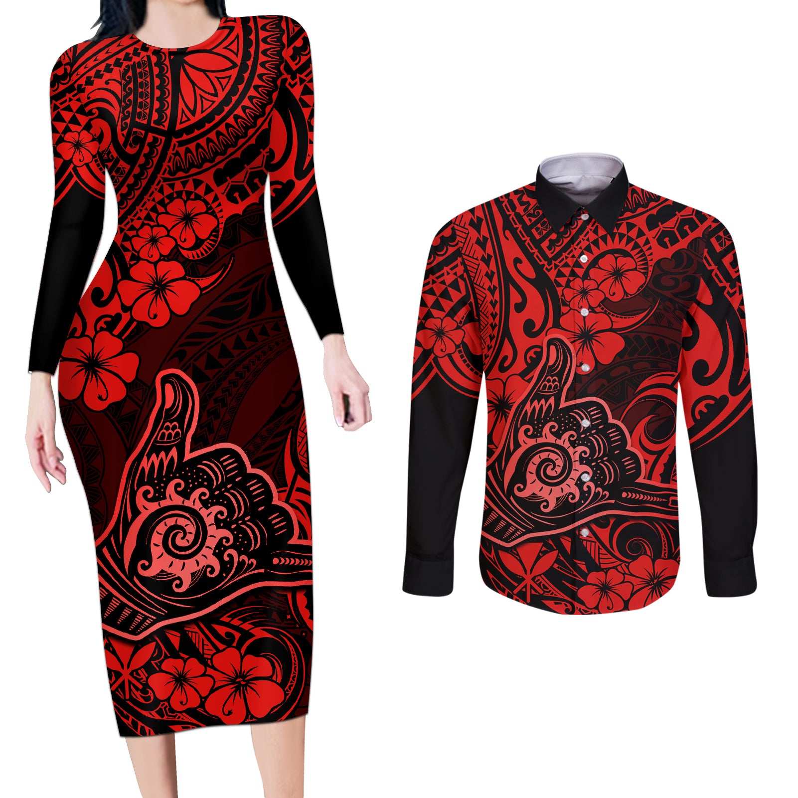Hawaii Shaka Sign Couples Matching Long Sleeve Bodycon Dress and Long Sleeve Button Shirts Polynesian Pattern Red Version LT01 Red - Polynesian Pride