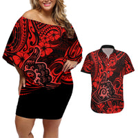 Hawaii Shaka Sign Couples Matching Off Shoulder Short Dress and Hawaiian Shirt Polynesian Pattern Red Version LT01 Red - Polynesian Pride