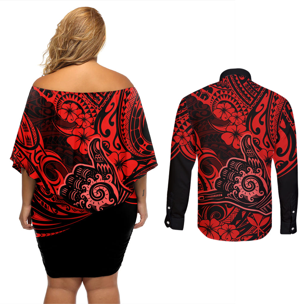 Hawaii Shaka Sign Couples Matching Off Shoulder Short Dress and Long Sleeve Button Shirts Polynesian Pattern Red Version LT01 - Polynesian Pride