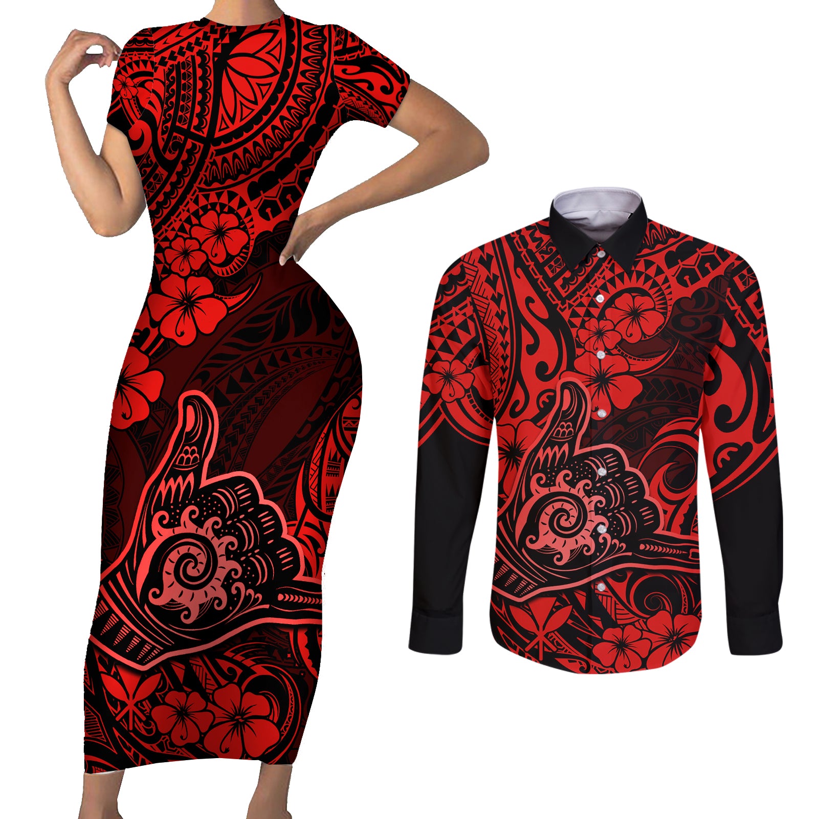 Hawaii Shaka Sign Couples Matching Short Sleeve Bodycon Dress and Long Sleeve Button Shirts Polynesian Pattern Red Version LT01 Red - Polynesian Pride