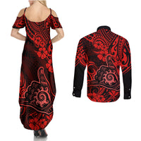 Hawaii Shaka Sign Couples Matching Summer Maxi Dress and Long Sleeve Button Shirts Polynesian Pattern Red Version LT01 - Polynesian Pride