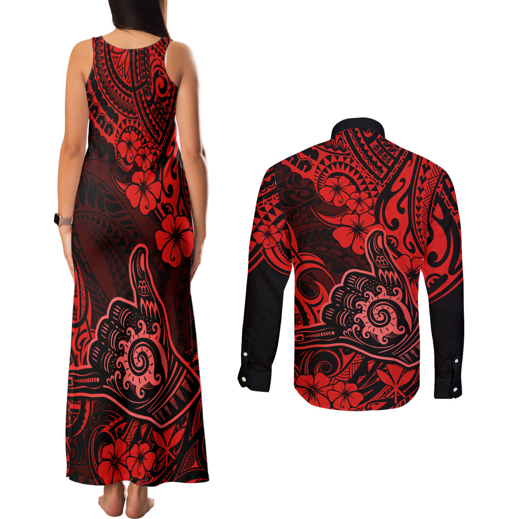 Hawaii Shaka Sign Couples Matching Tank Maxi Dress and Long Sleeve Button Shirts Polynesian Pattern Red Version LT01 - Polynesian Pride