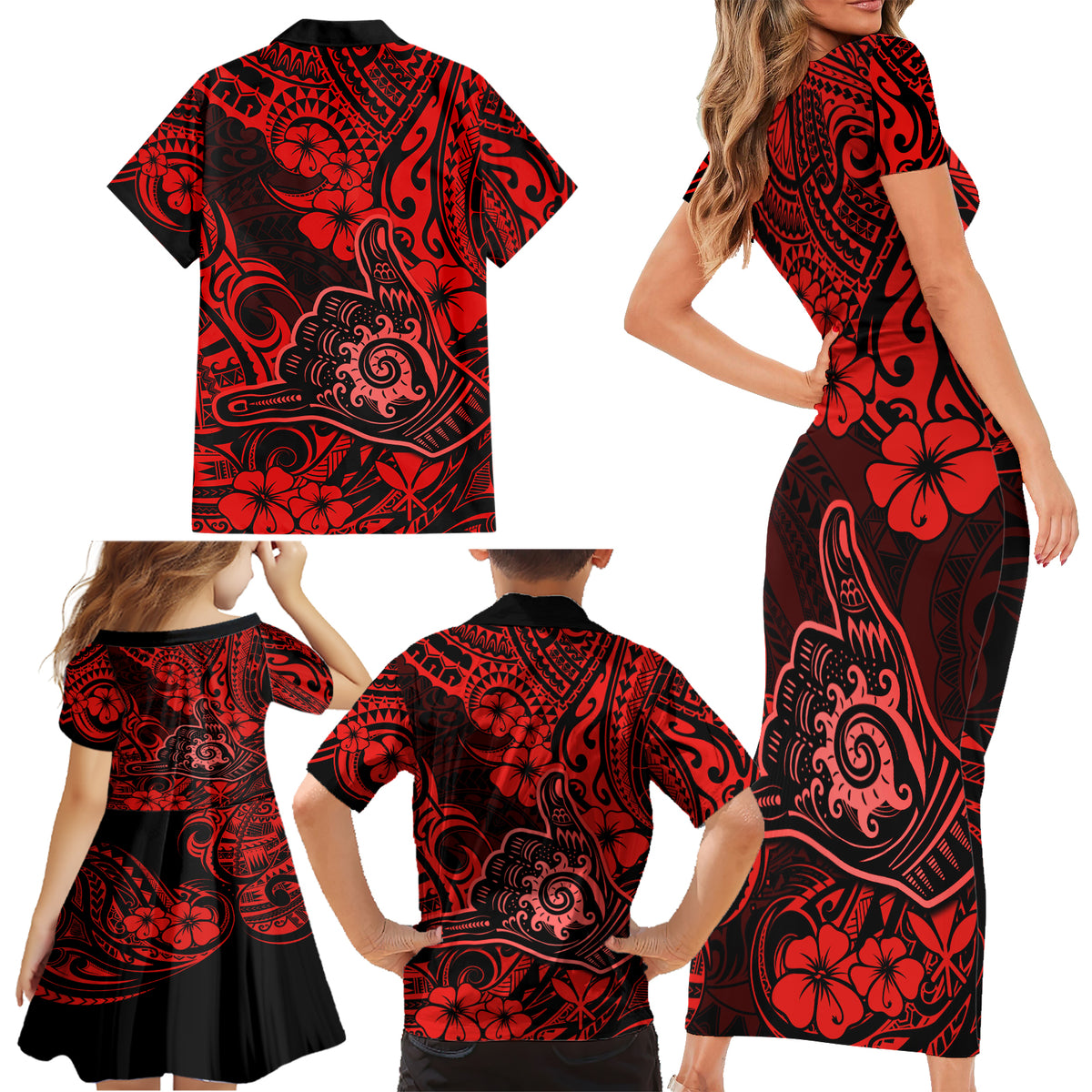 Hawaii Shaka Sign Family Matching Short Sleeve Bodycon Dress and Hawaiian Shirt Polynesian Pattern Red Version LT01 - Polynesian Pride