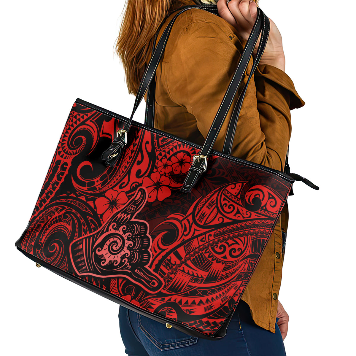 Hawaii Shaka Sign Leather Tote Bag Polynesian Pattern Red Version LT01 - Polynesian Pride