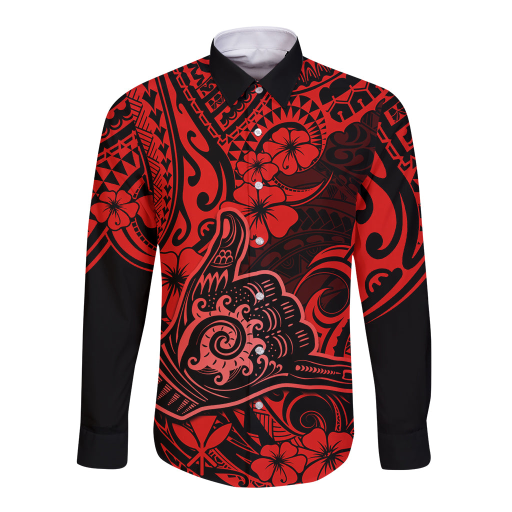 Hawaii Shaka Sign Long Sleeve Button Shirt Polynesian Pattern Red Version LT01 Unisex Red - Polynesian Pride