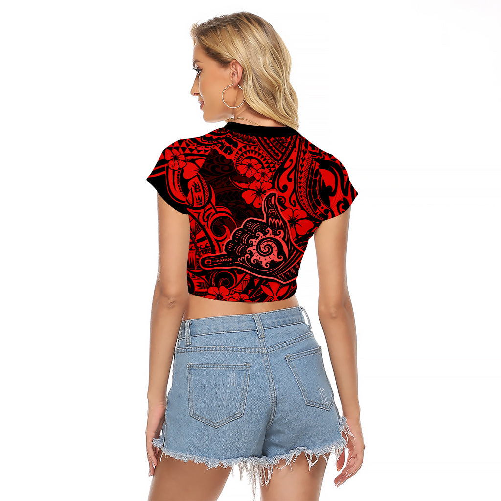 Hawaii Shaka Sign Raglan Cropped T Shirt Polynesian Pattern Red Version LT01 - Polynesian Pride