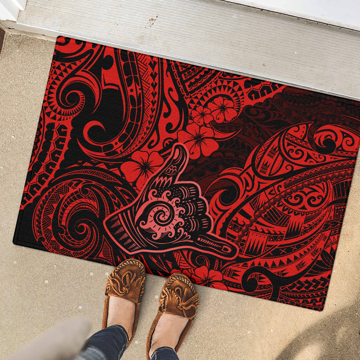 Hawaii Shaka Sign Rubber Doormat Polynesian Pattern Red Version LT01 - Polynesian Pride