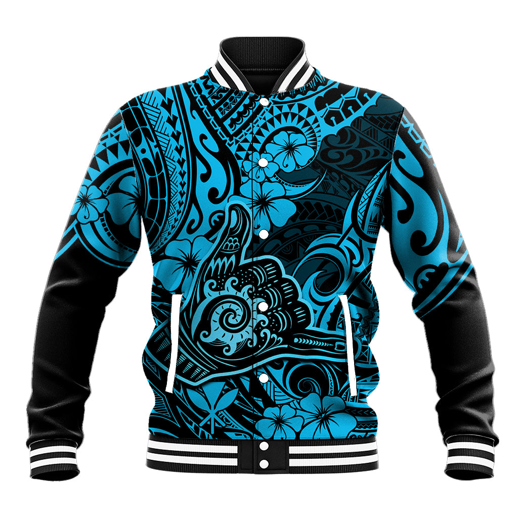 Hawaii Shaka Sign Baseball Jacket Polynesian Pattern Sky Blue Version LT01 Unisex Blue - Polynesian Pride