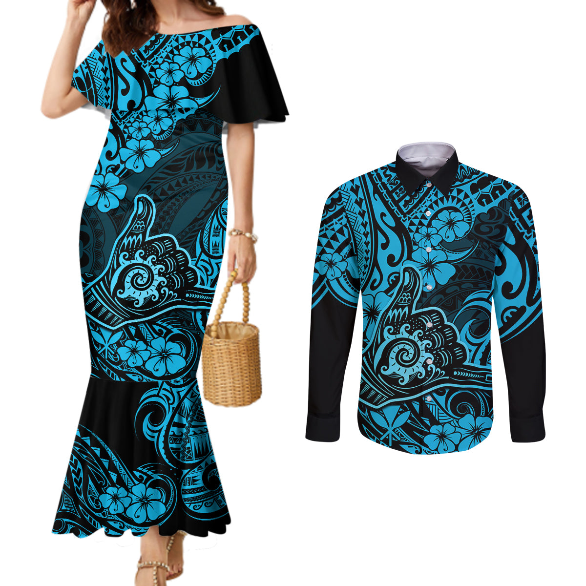 Hawaii Shaka Sign Couples Matching Mermaid Dress and Long Sleeve Button Shirts Polynesian Pattern Sky Blue Version LT01 Blue - Polynesian Pride