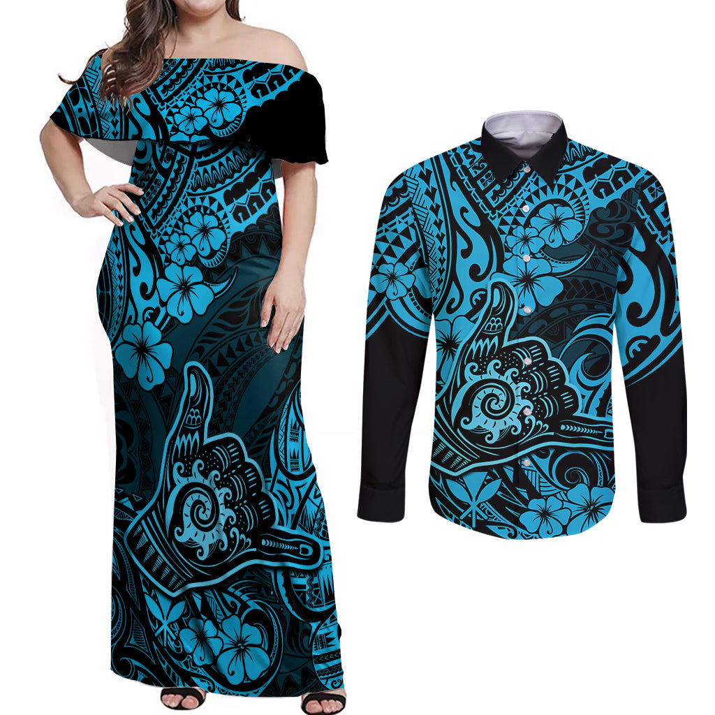 Hawaii Shaka Sign Couples Matching Off Shoulder Maxi Dress and Long Sleeve Button Shirts Polynesian Pattern Sky Blue Version LT01 Blue - Polynesian Pride