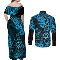 Hawaii Shaka Sign Couples Matching Off Shoulder Maxi Dress and Long Sleeve Button Shirts Polynesian Pattern Sky Blue Version LT01 - Polynesian Pride