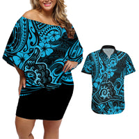 Hawaii Shaka Sign Couples Matching Off Shoulder Short Dress and Hawaiian Shirt Polynesian Pattern Sky Blue Version LT01 Blue - Polynesian Pride