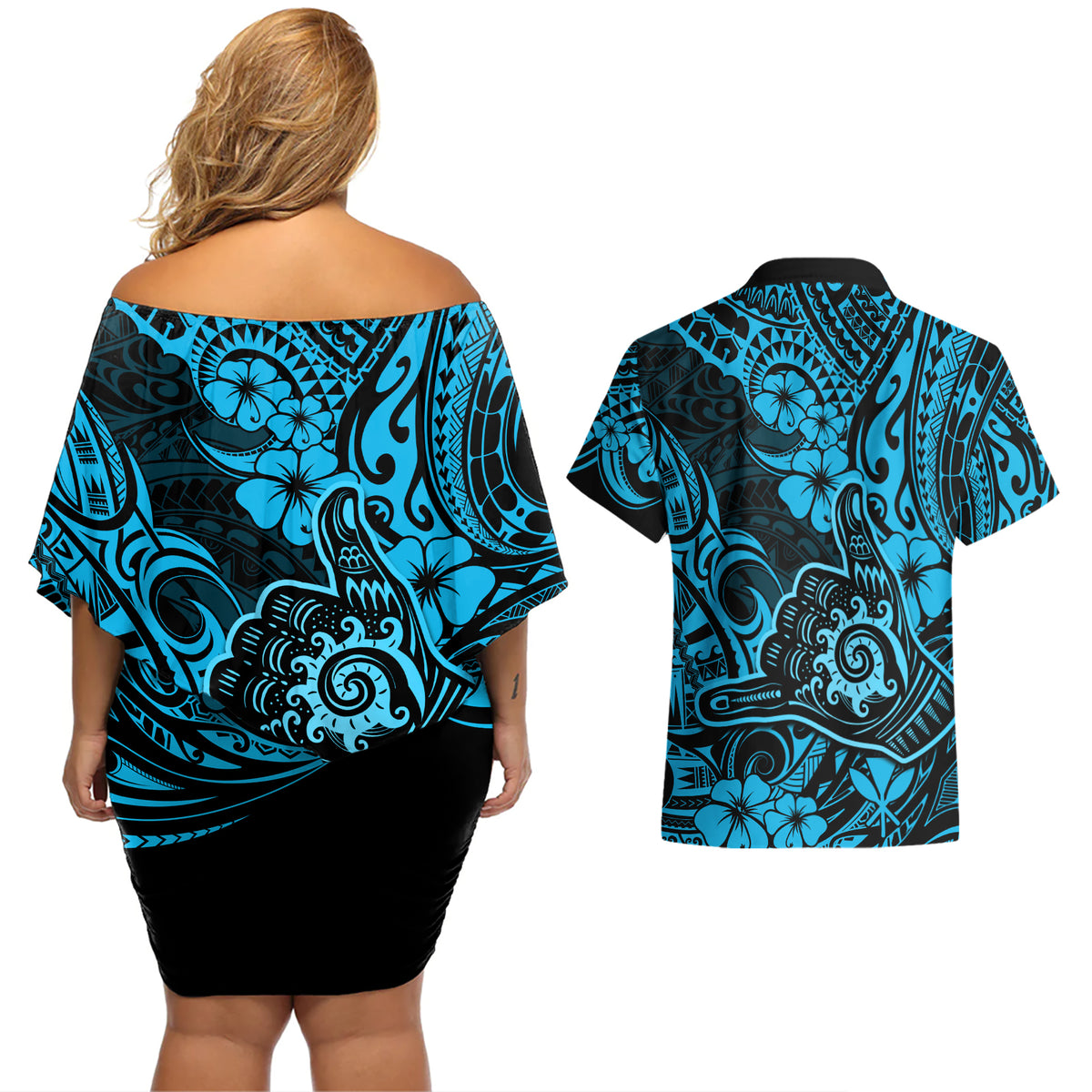 Hawaii Shaka Sign Couples Matching Off Shoulder Short Dress and Hawaiian Shirt Polynesian Pattern Sky Blue Version LT01 - Polynesian Pride