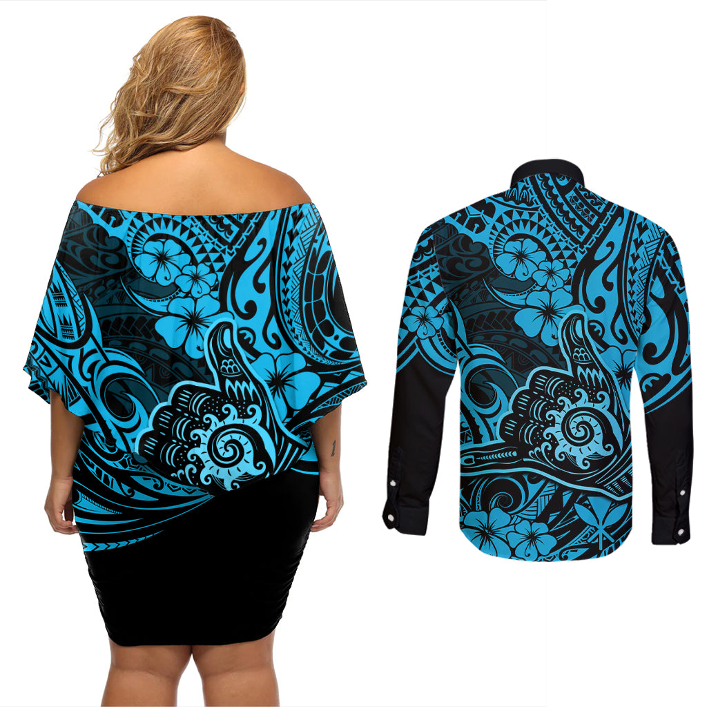 Hawaii Shaka Sign Couples Matching Off Shoulder Short Dress and Long Sleeve Button Shirts Polynesian Pattern Sky Blue Version LT01 - Polynesian Pride