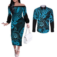 Hawaii Shaka Sign Couples Matching Off The Shoulder Long Sleeve Dress and Long Sleeve Button Shirts Polynesian Pattern Sky Blue Version LT01 Blue - Polynesian Pride