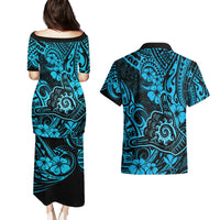 Hawaii Shaka Sign Couples Matching Puletasi Dress and Hawaiian Shirt Polynesian Pattern Sky Blue Version LT01 - Polynesian Pride