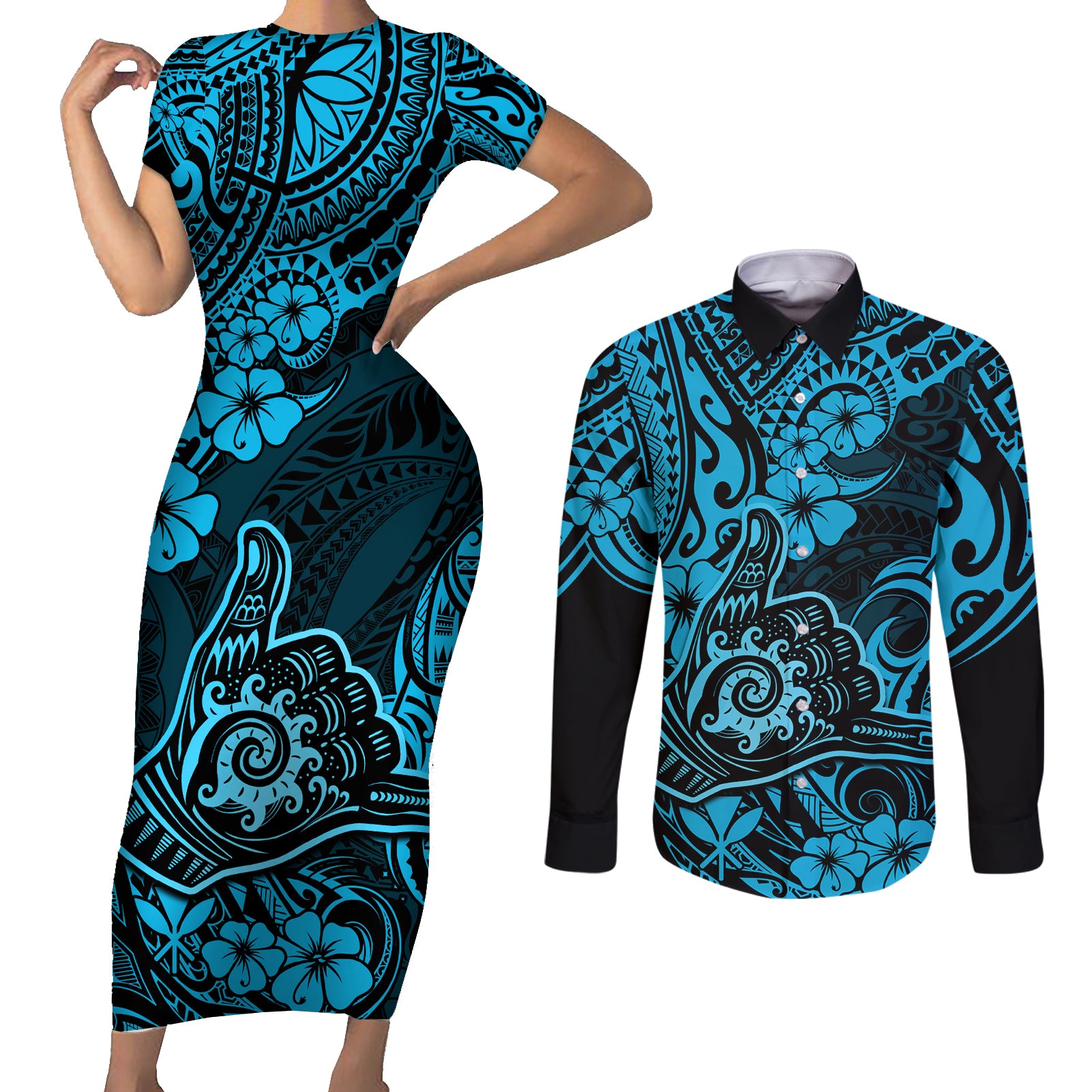 Hawaii Shaka Sign Couples Matching Short Sleeve Bodycon Dress and Long Sleeve Button Shirts Polynesian Pattern Sky Blue Version LT01 Blue - Polynesian Pride