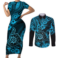 Hawaii Shaka Sign Couples Matching Short Sleeve Bodycon Dress and Long Sleeve Button Shirts Polynesian Pattern Sky Blue Version LT01 Blue - Polynesian Pride
