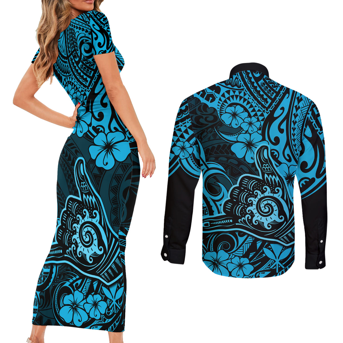 Hawaii Shaka Sign Couples Matching Short Sleeve Bodycon Dress and Long Sleeve Button Shirts Polynesian Pattern Sky Blue Version LT01 - Polynesian Pride
