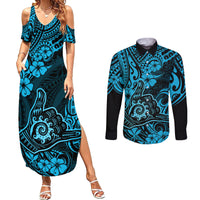 Hawaii Shaka Sign Couples Matching Summer Maxi Dress and Long Sleeve Button Shirts Polynesian Pattern Sky Blue Version LT01 Blue - Polynesian Pride