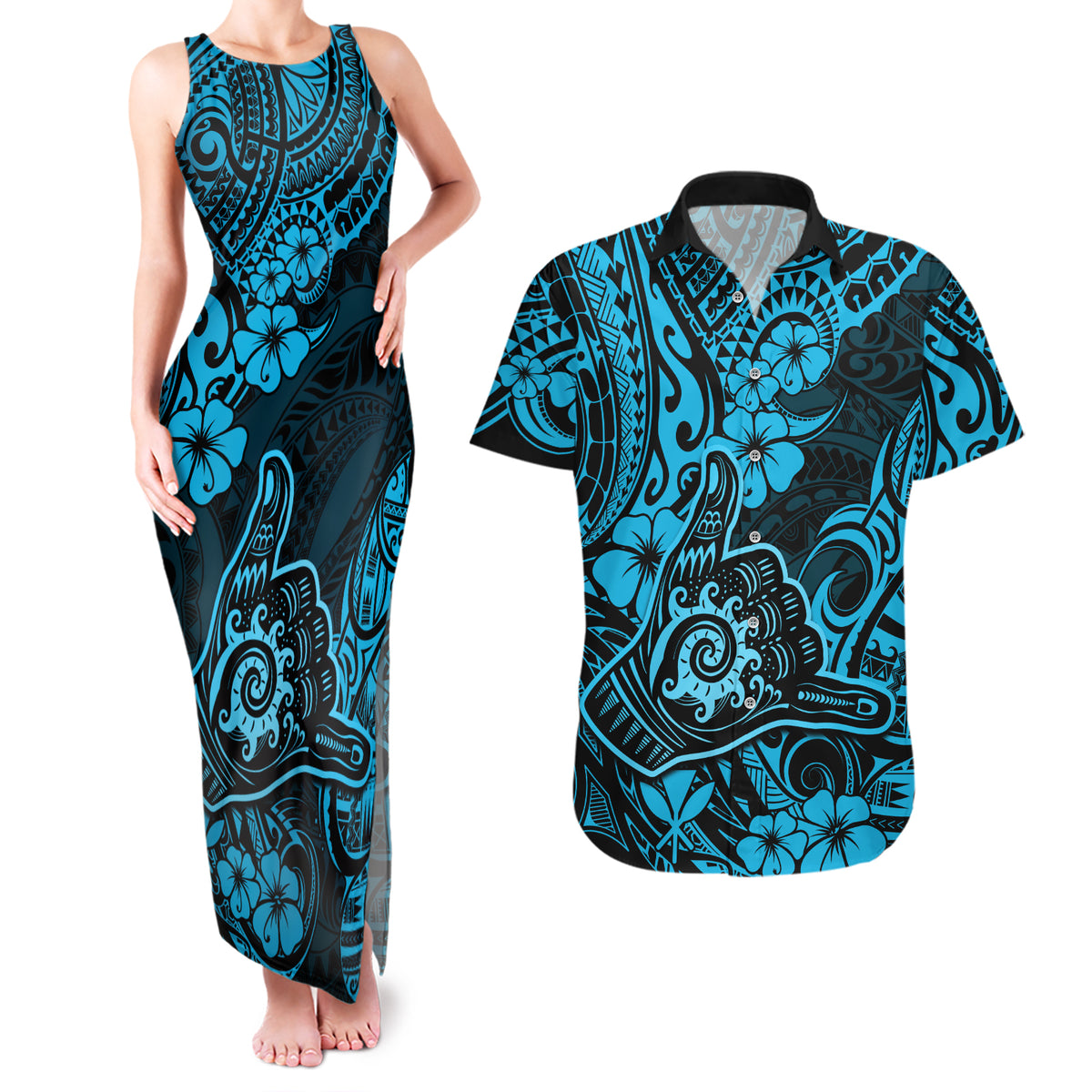 Hawaii Shaka Sign Couples Matching Tank Maxi Dress and Hawaiian Shirt Polynesian Pattern Sky Blue Version LT01 Blue - Polynesian Pride