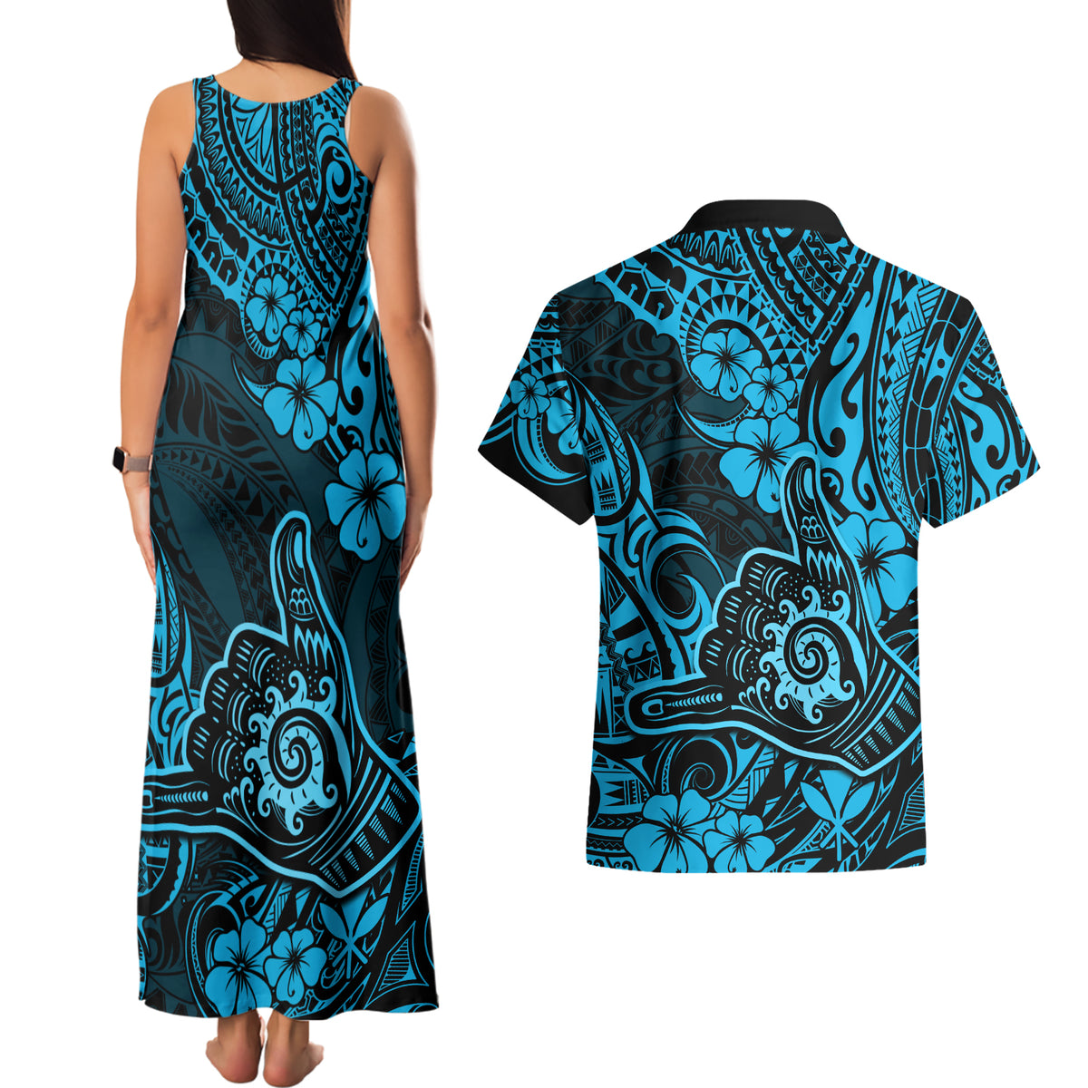 Hawaii Shaka Sign Couples Matching Tank Maxi Dress and Hawaiian Shirt Polynesian Pattern Sky Blue Version LT01 - Polynesian Pride