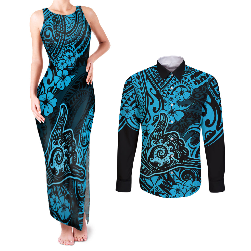 Hawaii Shaka Sign Couples Matching Tank Maxi Dress and Long Sleeve Button Shirts Polynesian Pattern Sky Blue Version LT01 Blue - Polynesian Pride
