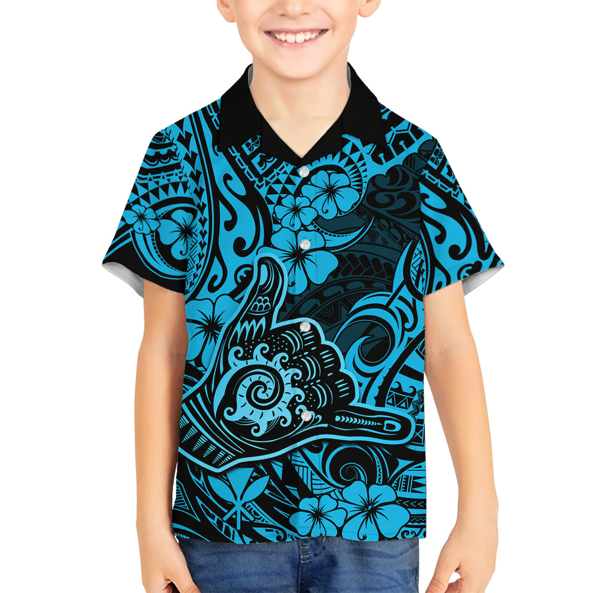 Hawaii Shaka Sign Family Matching Tank Maxi Dress and Hawaiian Shirt Polynesian Pattern Sky Blue Version LT01 Son's Shirt Blue - Polynesian Pride