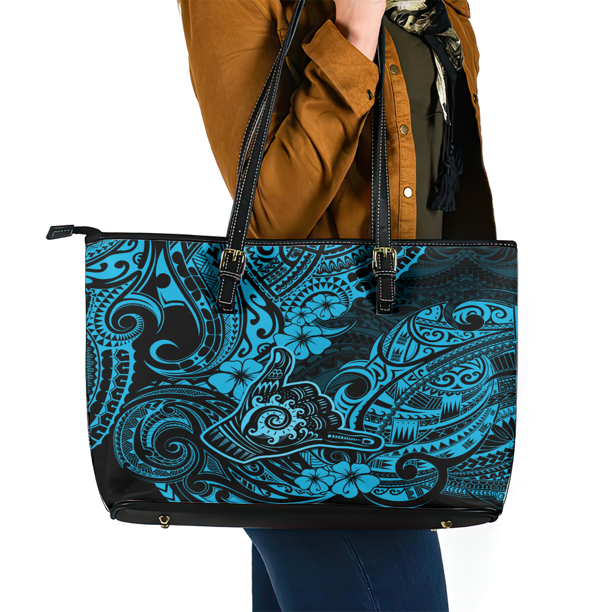 Hawaii Shaka Sign Leather Tote Bag Polynesian Pattern Sky Blue Version LT01 - Polynesian Pride