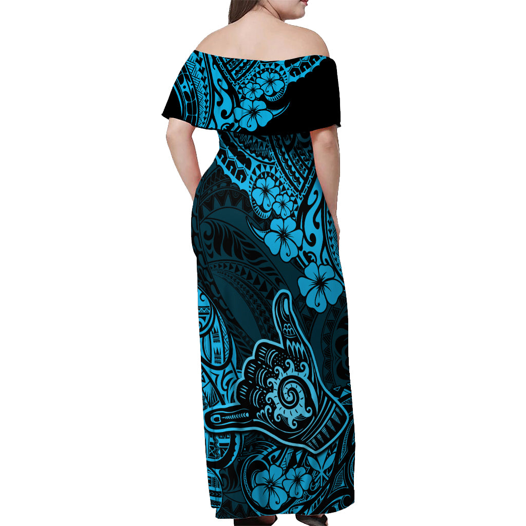 Hawaii Shaka Sign Off Shoulder Maxi Dress Polynesian Pattern Sky Blue Version LT01 - Polynesian Pride