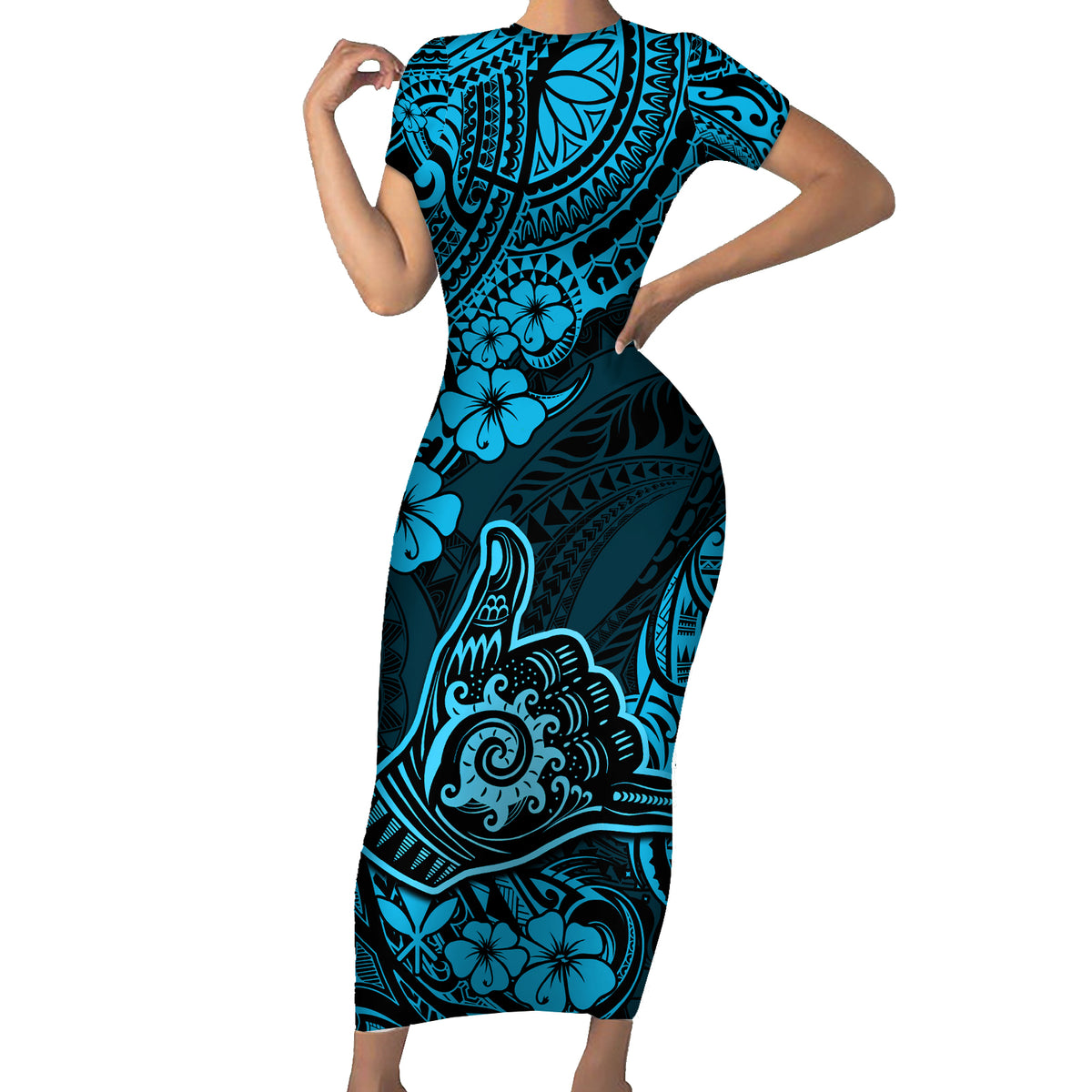 Hawaii Shaka Sign Short Sleeve Bodycon Dress Polynesian Pattern Sky Blue Version LT01 Long Dress Blue - Polynesian Pride