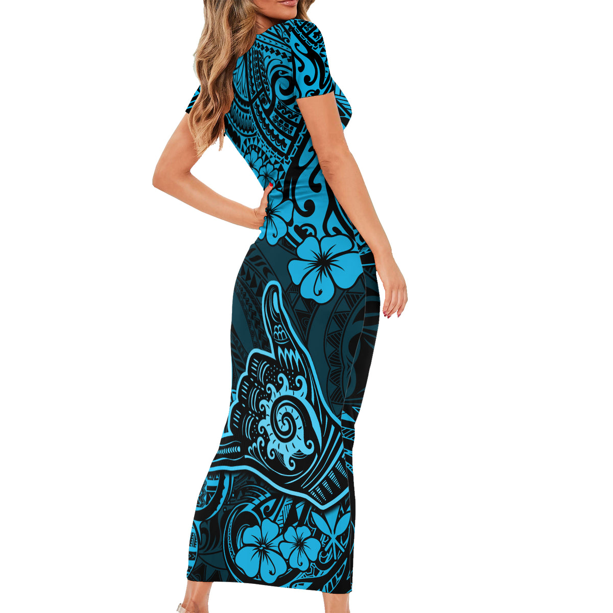Hawaii Shaka Sign Short Sleeve Bodycon Dress Polynesian Pattern Sky Blue Version LT01 - Polynesian Pride