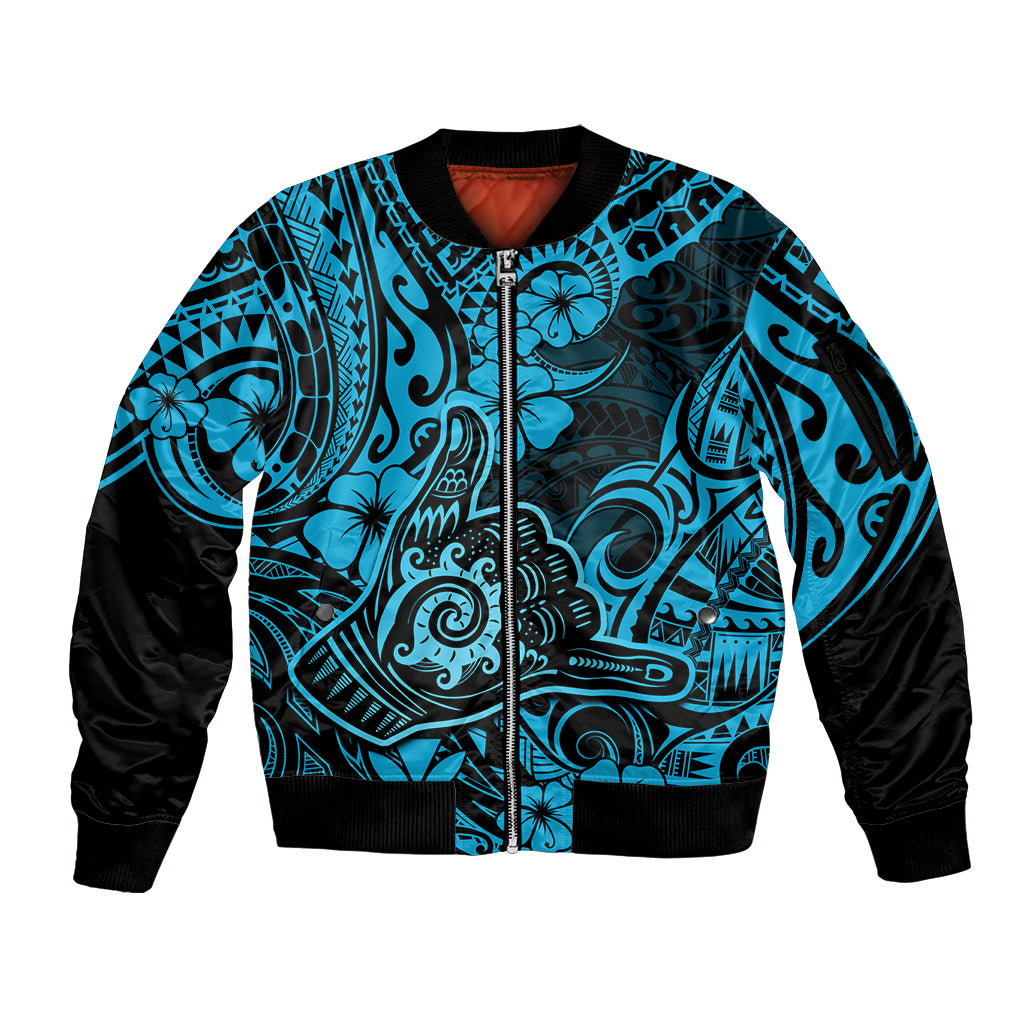 Hawaii Shaka Sign Sleeve Zip Bomber Jacket Polynesian Pattern Sky Blue Version LT01 Unisex Blue - Polynesian Pride