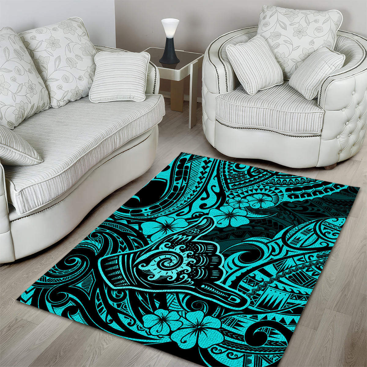 Hawaii Shaka Sign Area Rug Polynesian Pattern Turquoise Version LT01 - Polynesian Pride