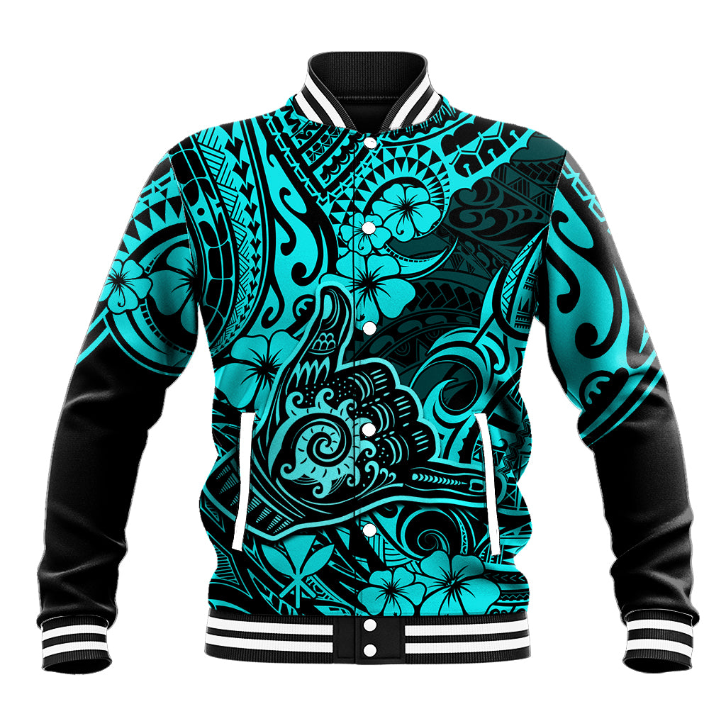 Hawaii Shaka Sign Baseball Jacket Polynesian Pattern Turquoise Version LT01 Unisex Turquoise - Polynesian Pride