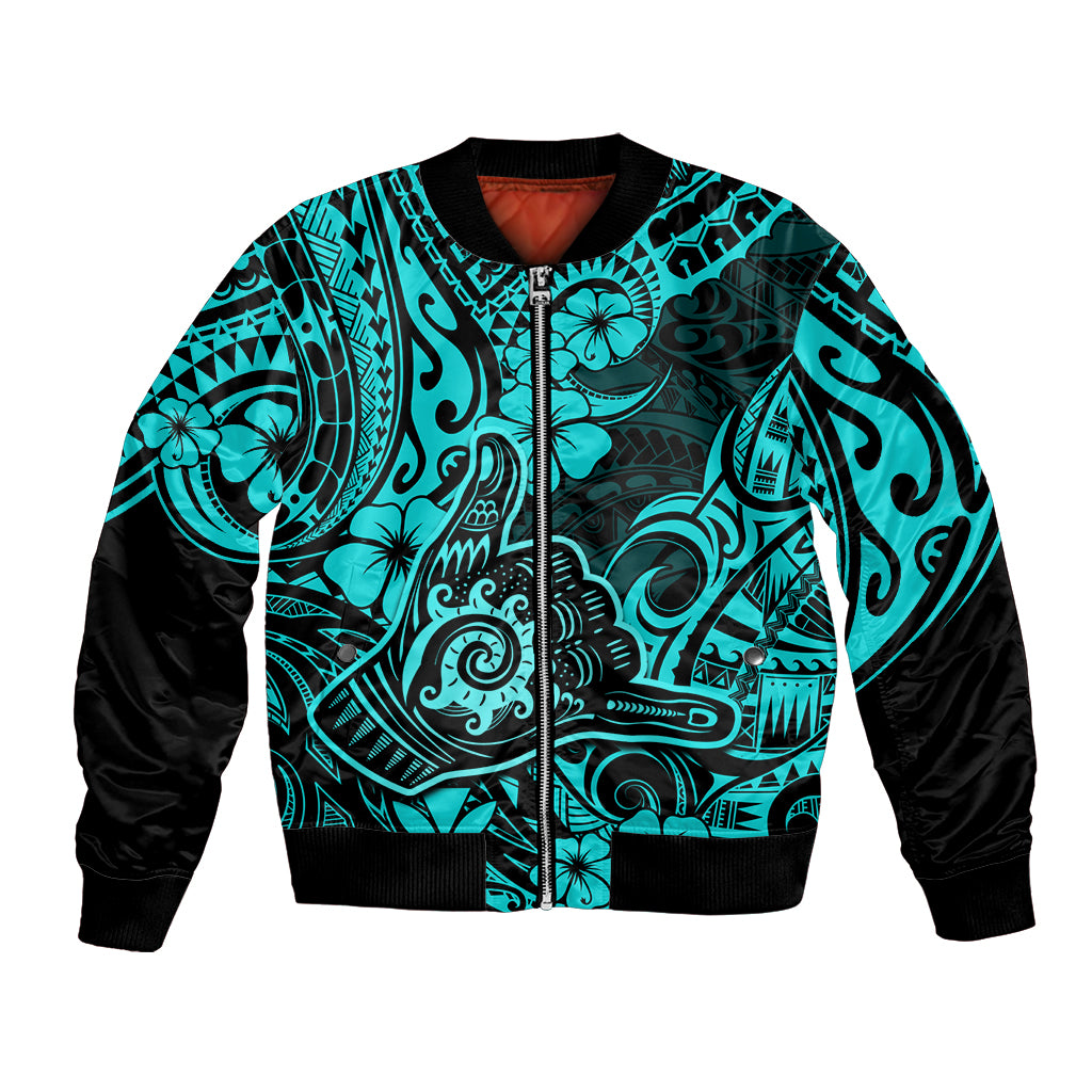 Hawaii Shaka Sign Bomber Jacket Polynesian Pattern Turquoise Version LT01 Unisex Turquoise - Polynesian Pride