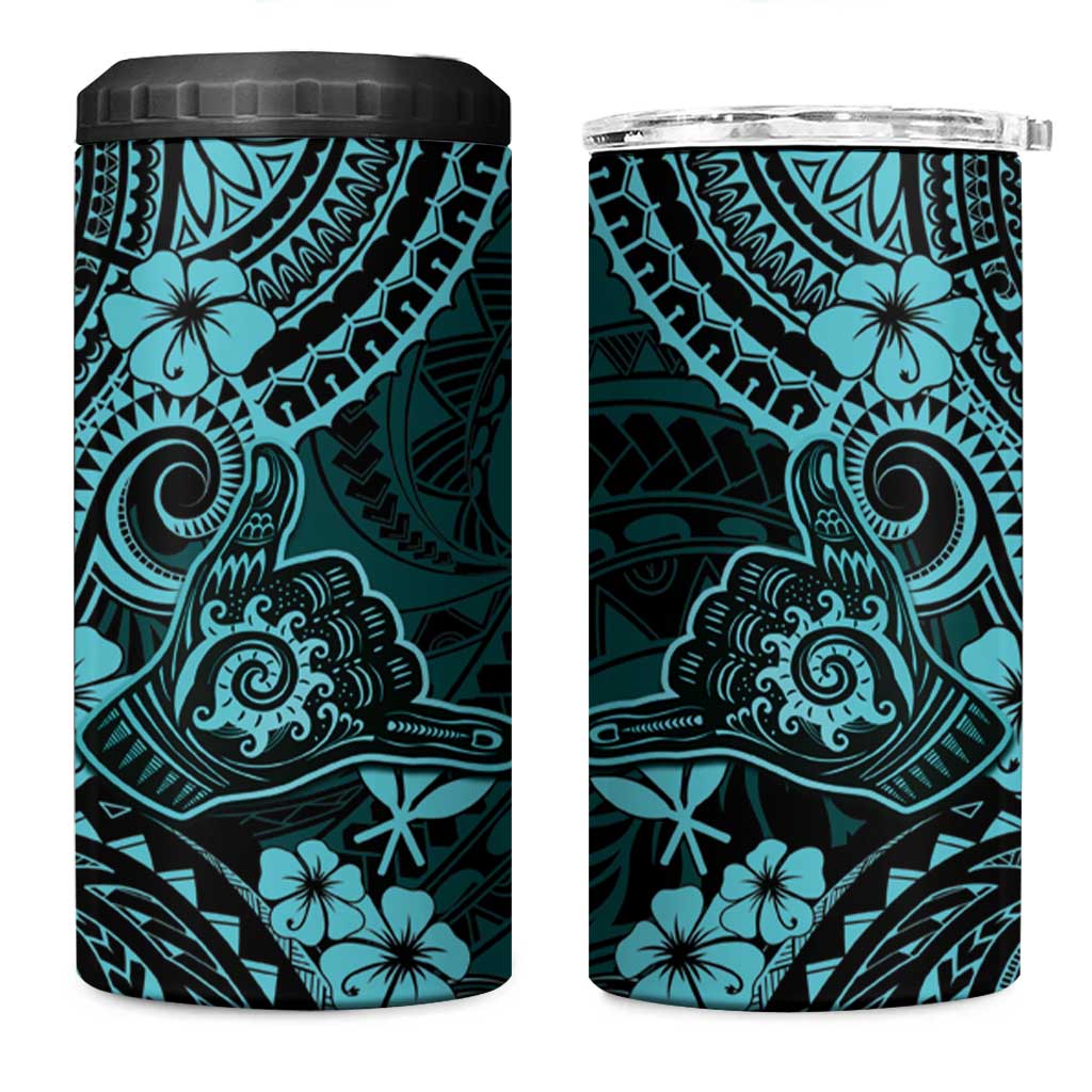 Hawaii Shaka Sign 4 in 1 Can Cooler Tumbler Polynesian Pattern Turquoise Version