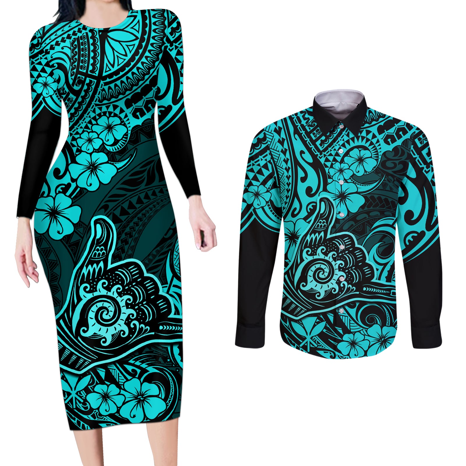 Hawaii Shaka Sign Couples Matching Long Sleeve Bodycon Dress and Long Sleeve Button Shirts Polynesian Pattern Turquoise Version LT01 Turquoise - Polynesian Pride