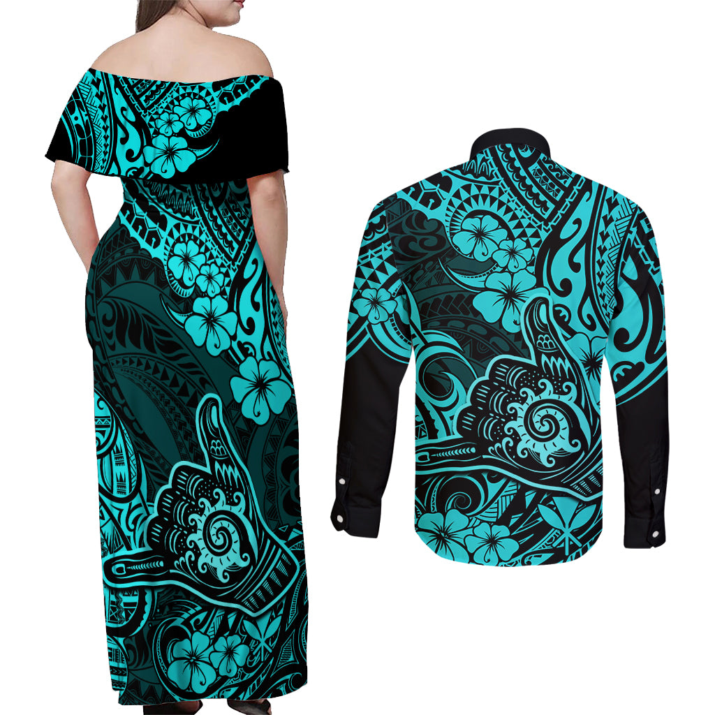 Hawaii Shaka Sign Couples Matching Off Shoulder Maxi Dress and Long Sleeve Button Shirts Polynesian Pattern Turquoise Version LT01 - Polynesian Pride